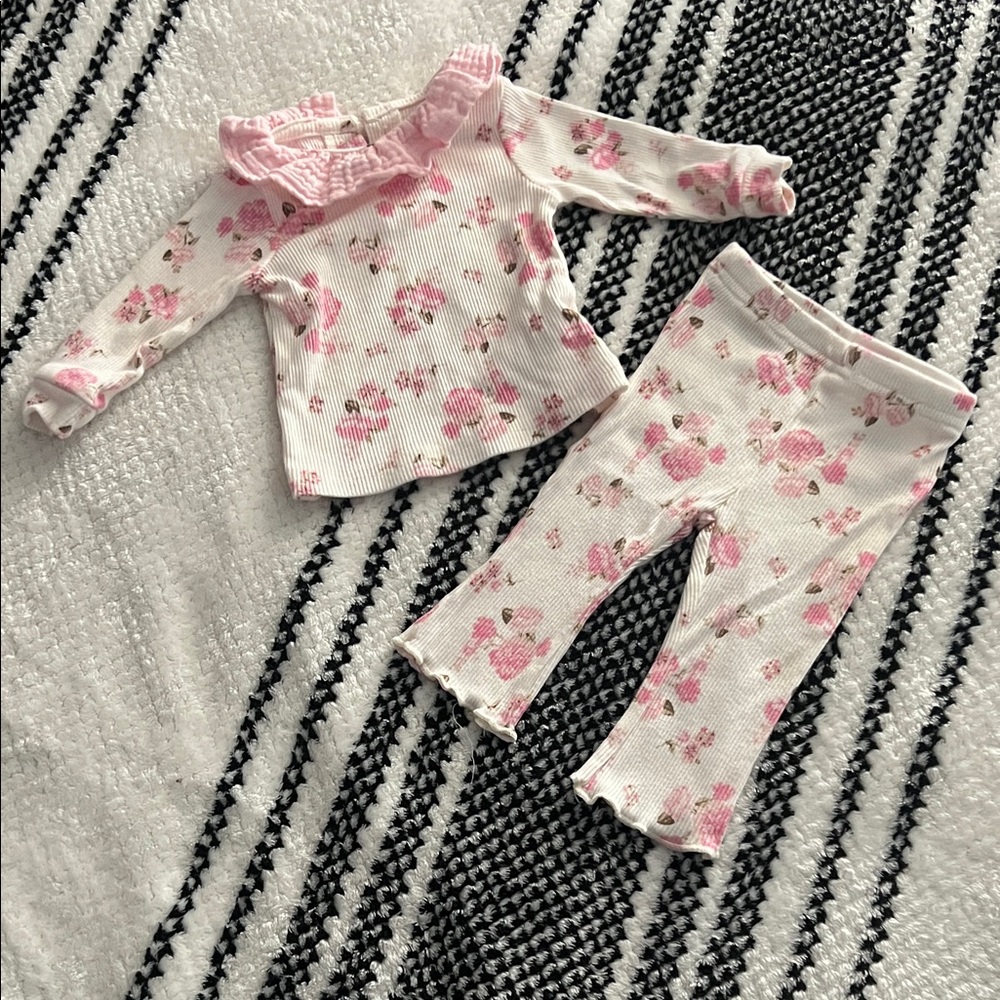 Floral White & Pink Baby Matching Long Sleeve Set 3-6 Mnths